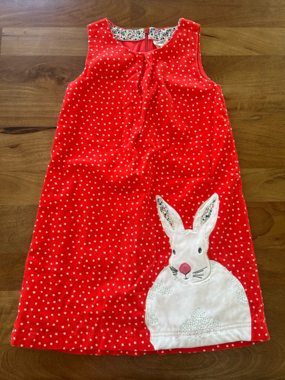 Mini Boden Red Polka Dot Corduroy Dress with Appliqué Bunny - Size 9-10y